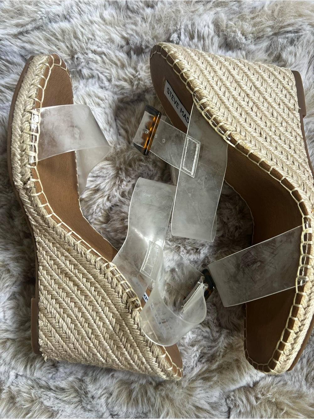 Steve Madden Clear Espadrille NEW wedge sandals with tortoise buckle. SZ 10